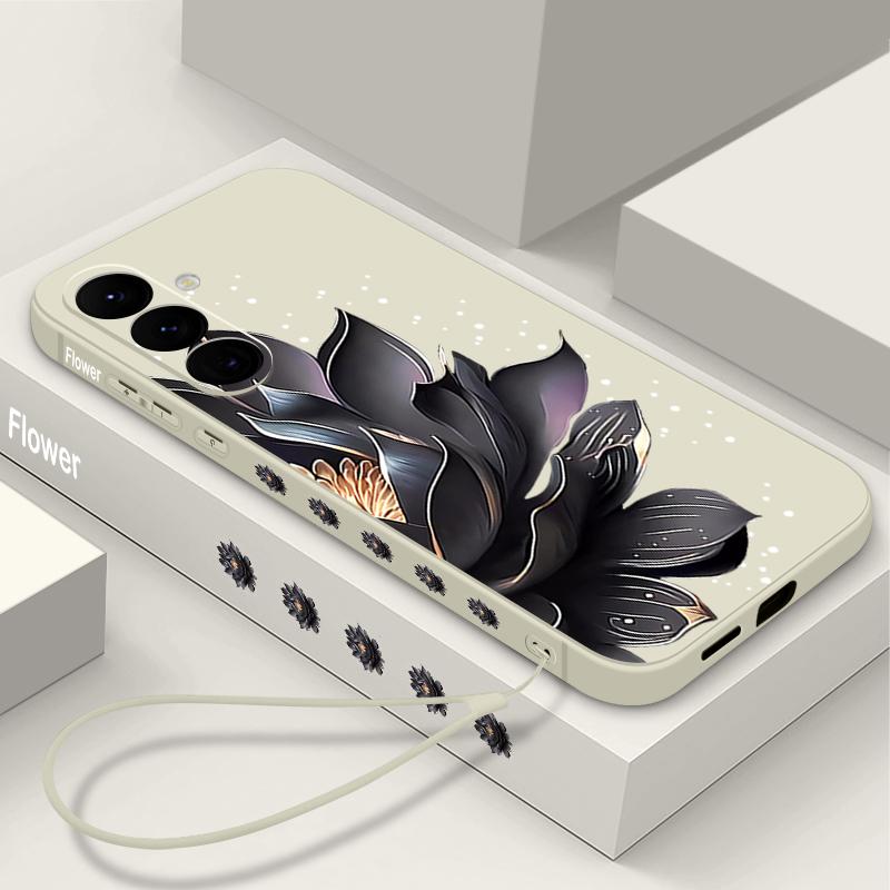 Black Flowers Printing Lanyard Case For Samsung Galaxy S25 Ultra S24 S23 S22 Plus S21 FE A15 A16 A35 A36 A54 A55 A56 5G Capa Coque