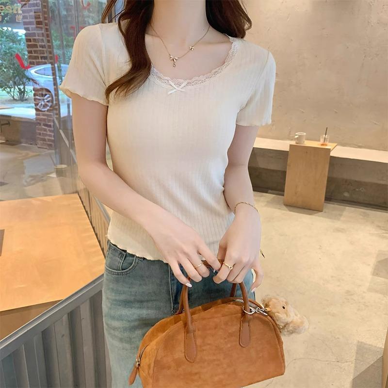 U-neck collarbone pure desire sweet hottie lace short-sleeved t-shirt women's spring and summer design short front shoulder bm small top
