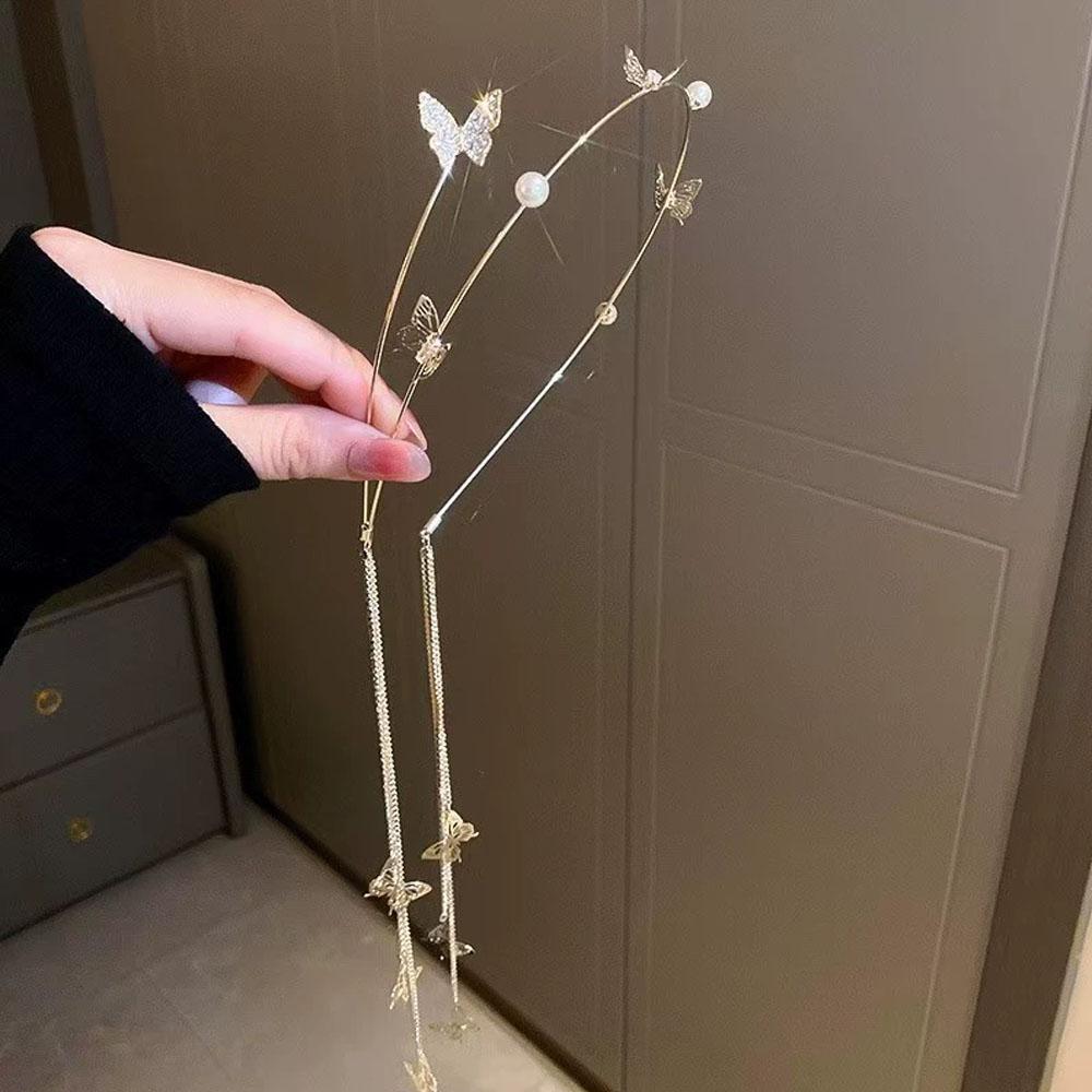 

1 шт. Модные аксессуары для волос в виде бабочки, Романтическая хрустальная жемчужная тиара, Повязки для волос для женщин, Головной убор с длинной кисточкой-цепочкой