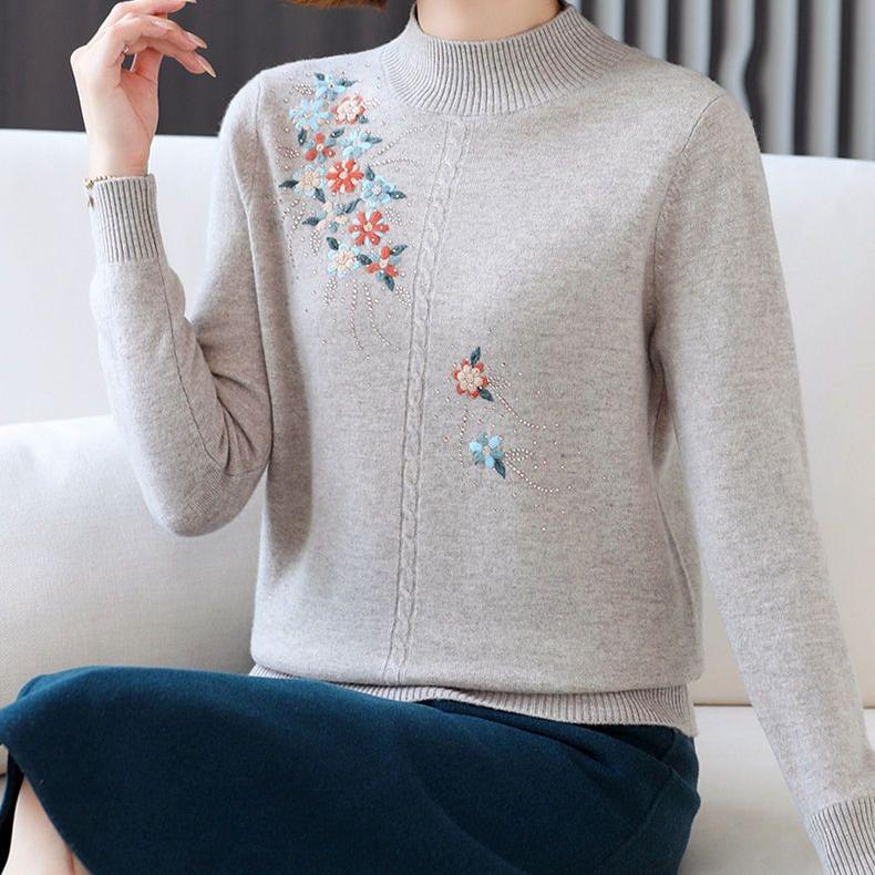 Women's Wool Sweater Round Neck Embroidery Knit Sweater Loose Plus Size Sweater Short Pullover Knitwear Spring Fall Winter
