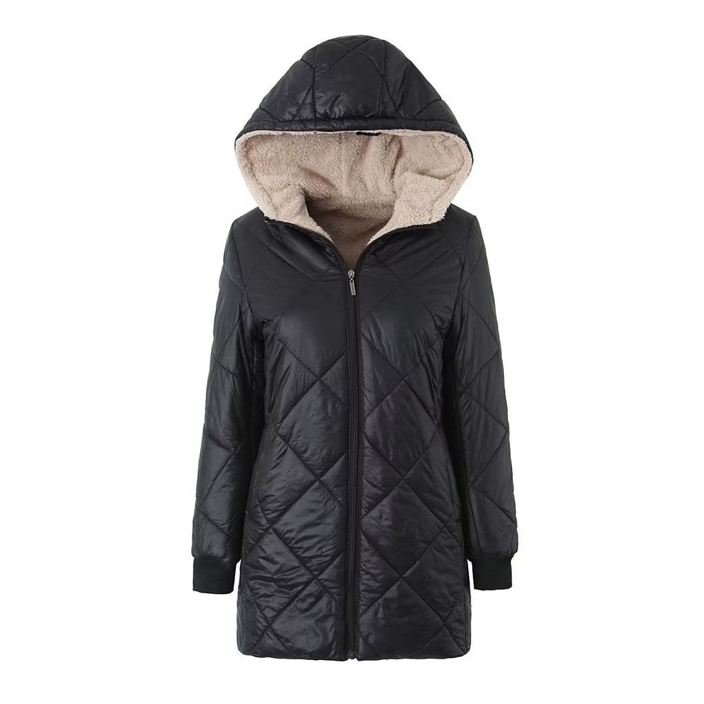 Women Hooded Quilted Coat Mid Length Plush Lined Jacket Zip Up Casual Warm Winter Overcoat Red