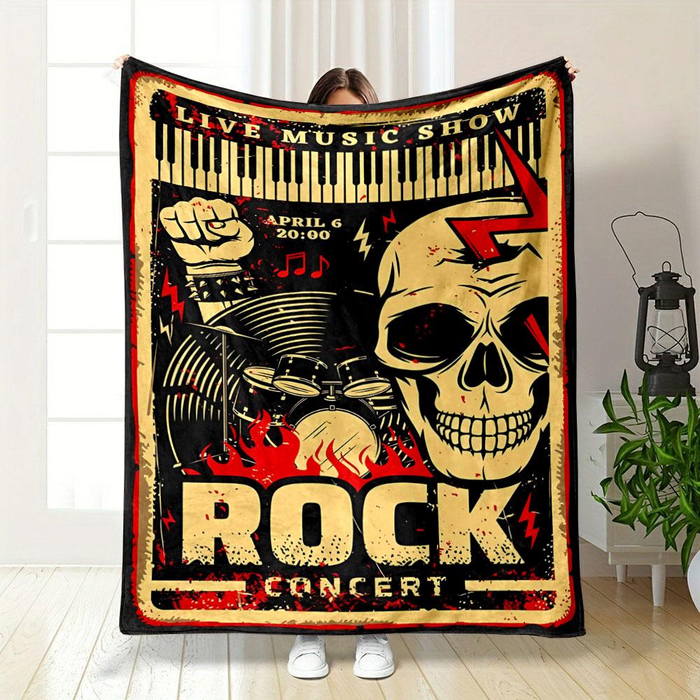 A rock concert poster with bold skull, flames, and musical motifs. for all seasons blanket lunch break throw gift