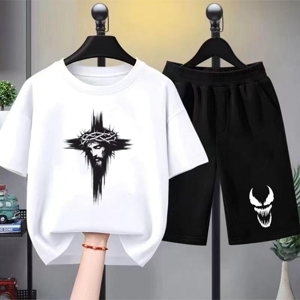 

Hip Fashion Hop Trend Street Art Print Summer T-shirt+shorts Boy Black Girl Sets T-shirt kids Tops Casual Tees round neck-Neck 100