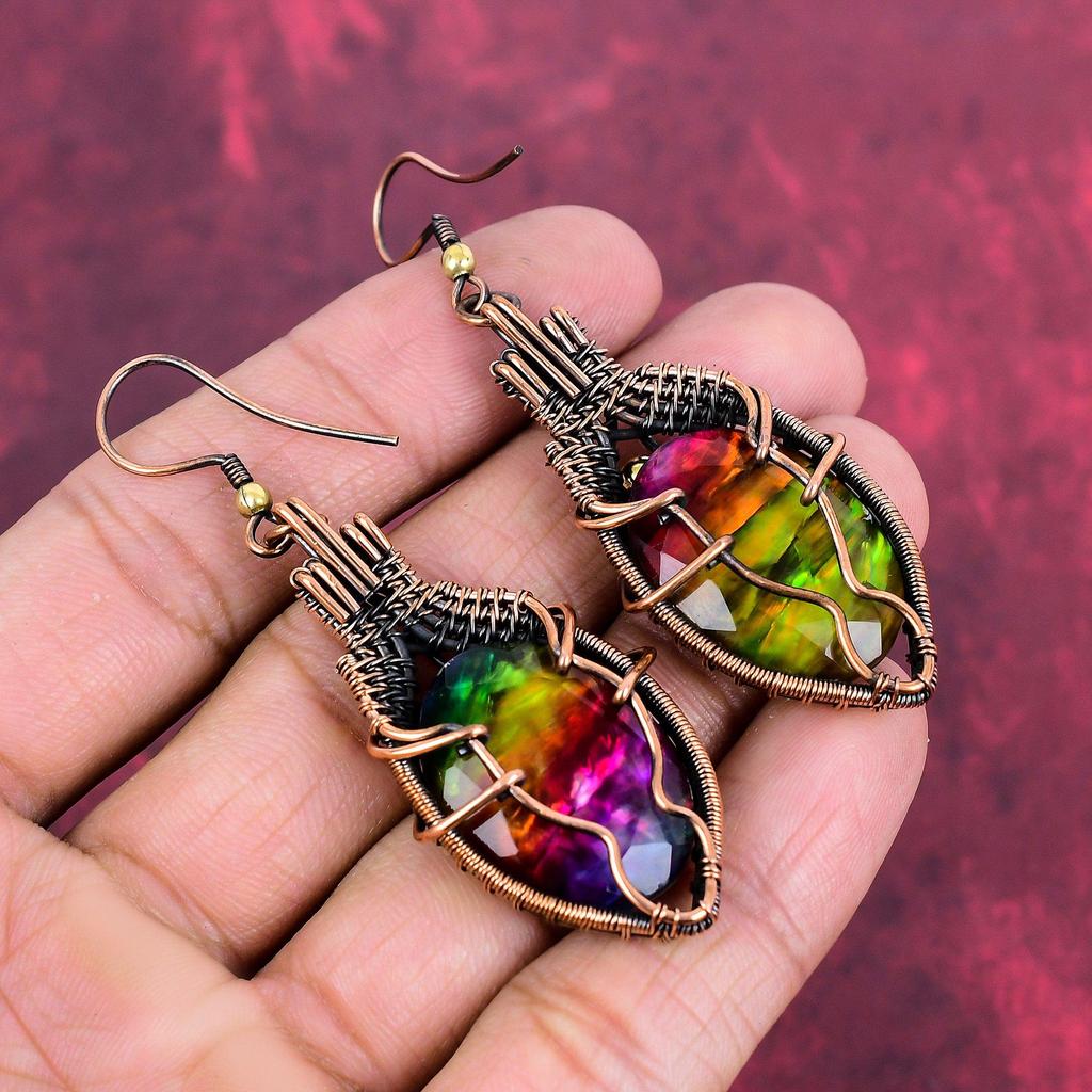 Faceted Ammolite Earring Copper Wire Wrapped Earring Amazing Drop Earring Handmade Jewelry Gemstone Earrings For Gifts Copper Wire Jewelry