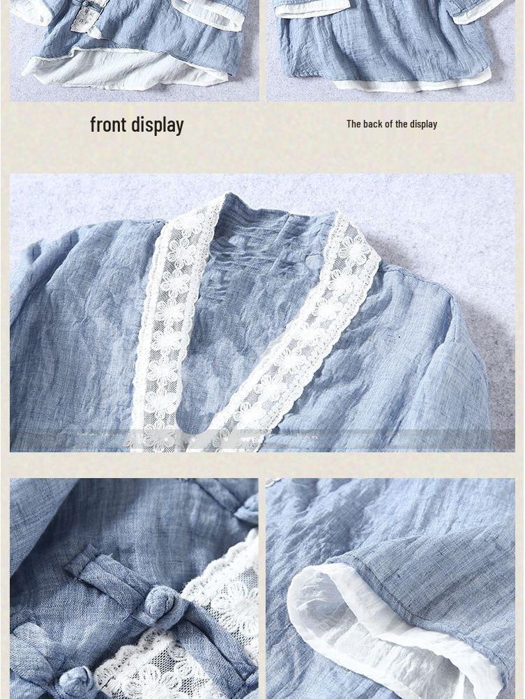 Women's Cotton Linen V-Neck Cardigan - Loose Fit, 3/4 Sleeve, Summer Retro Color Block Design