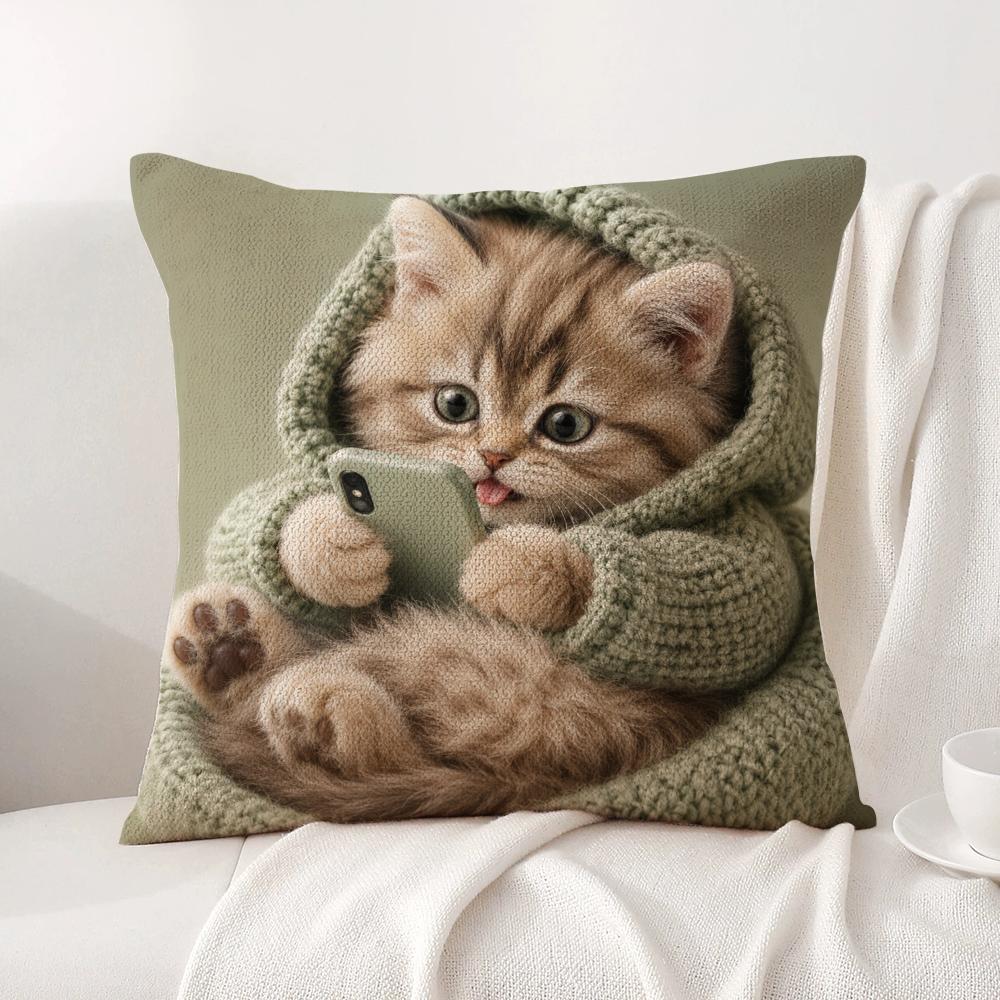 Cute Kitten in Hoodie Cushion Cover Natural Linen Organic Fabric DoubleSided Printing Sofa Home Decor Breathable Bed Pillow