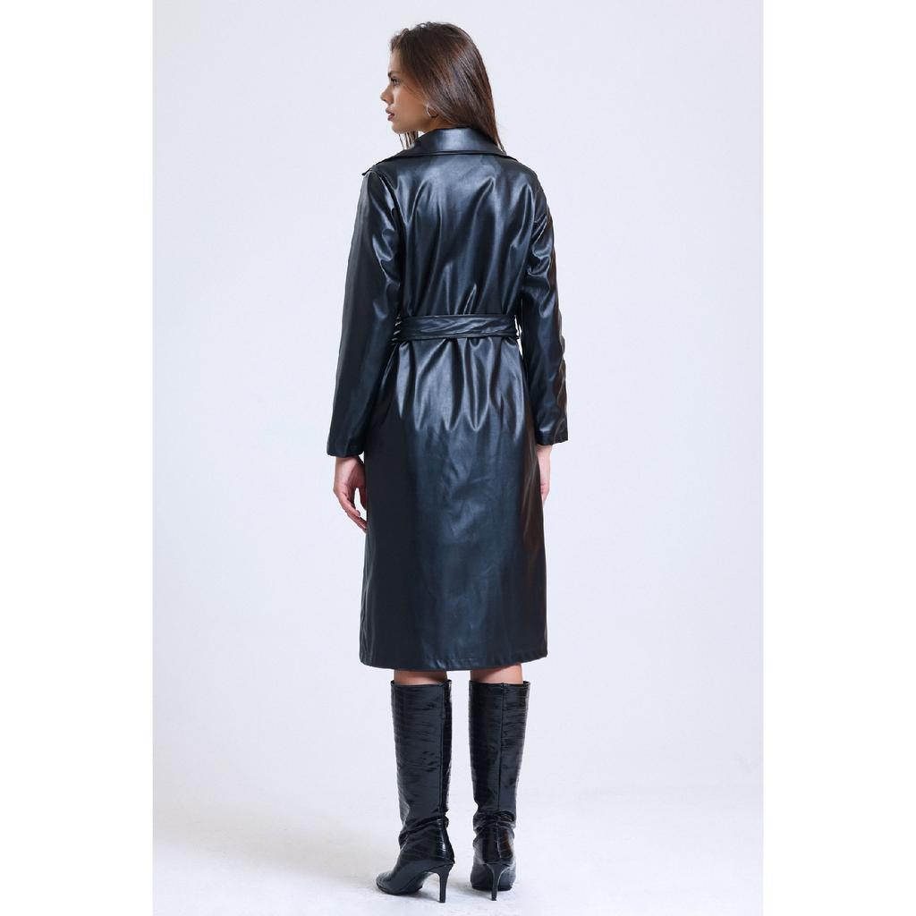 Damski skórzany trencz z podwójną podszewką i paskiem, z podwójnym kołnierzem