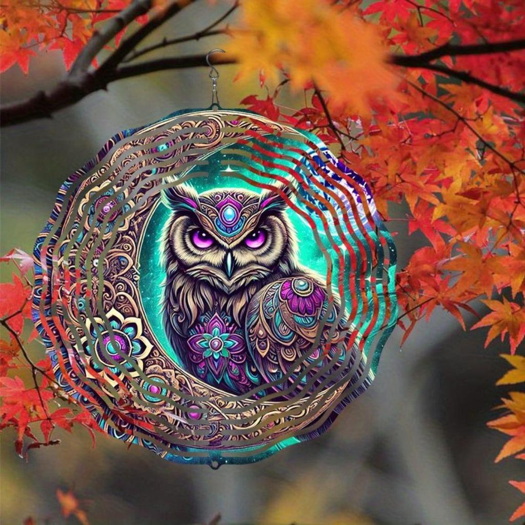 3D Metal Owl Wind Chime Outdoor Hanging Decor with Iridescent Purple Blue Golden Patterns Perfect for Christmas Thanksgiving Holiday