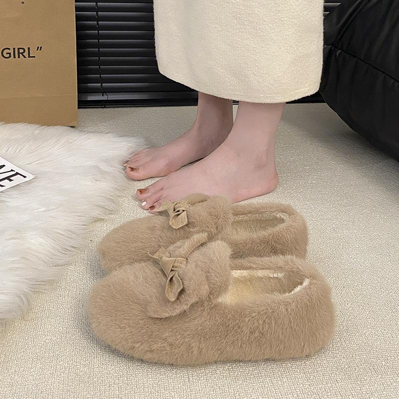 Fé-vind rosett fluffiga enkelskor dam 2025 höst och vinter nya ytterkläder sammet varma mjuka enkelskor Doudou-skor