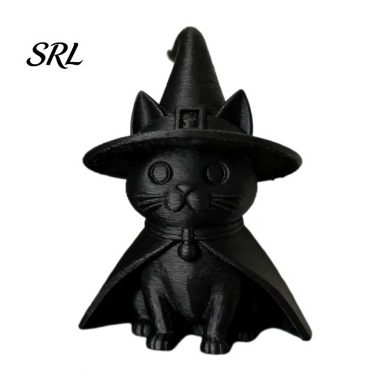 Magic Wizard Black Cat Figurine Gothic Witch Hat Figurine, 3D Printed Cloak Kitten Unique Witchy Room Decor Statue, Spooky Cute Halloween Desktop