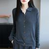 Wool Lapel Knitted Cardigan with Long Sleeves and Ribbed Cuffs, Loose-fitting Top