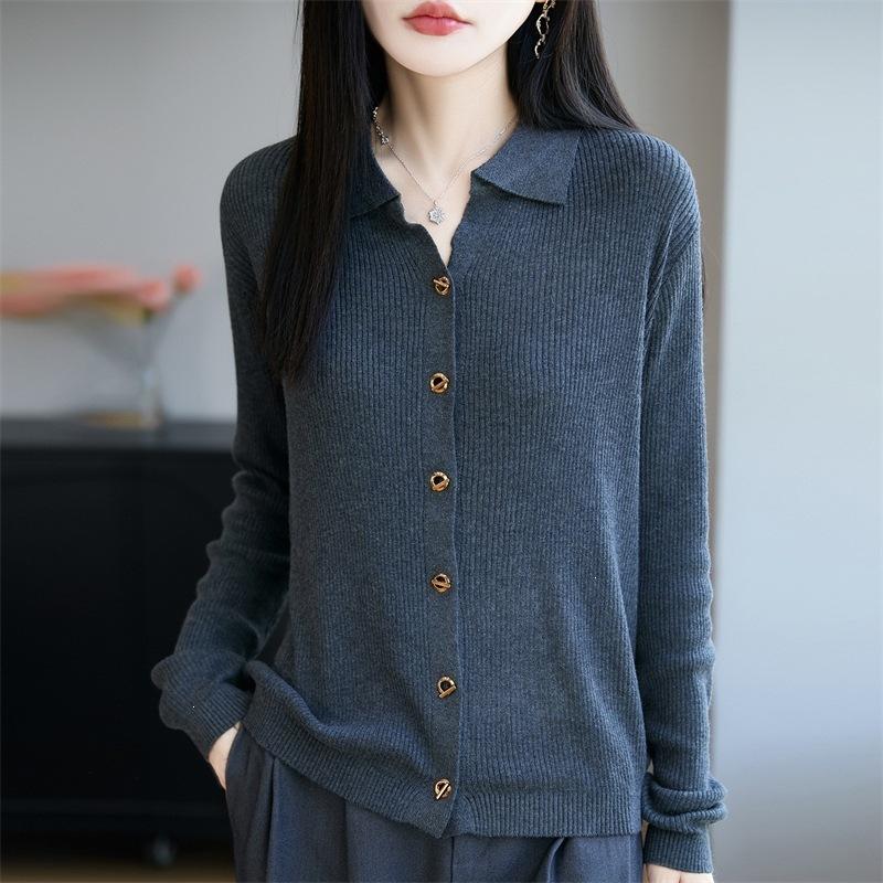 Wool Lapel Knitted Cardigan with Long Sleeves and Ribbed Cuffs, Loose-fitting Top