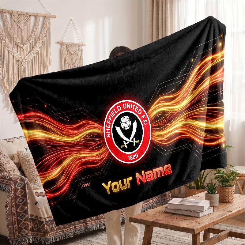 Sheffield United FC Personalized Fleece Blanket With Football Logo, Custom Name Text Soft Warm Home Throw Blanket