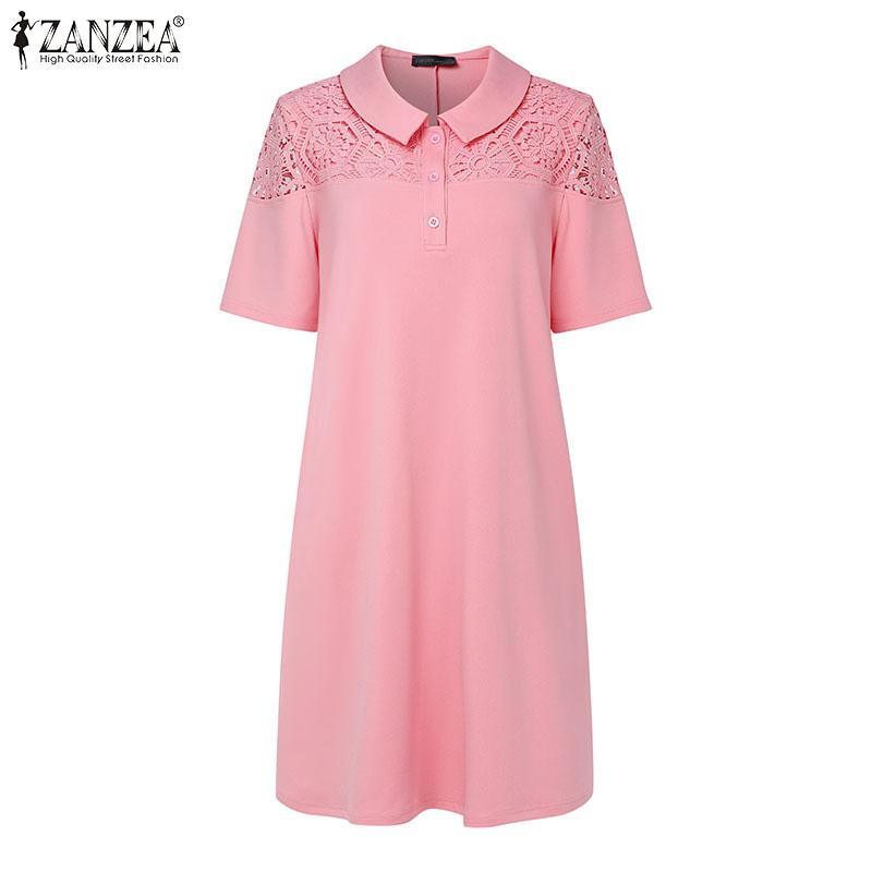 

ZANZEA Женское миди-платье прямого кроя с короткими рукавами, кружевной вязкой крючком, лоскутным узором, отложным воротником 2XL розовый