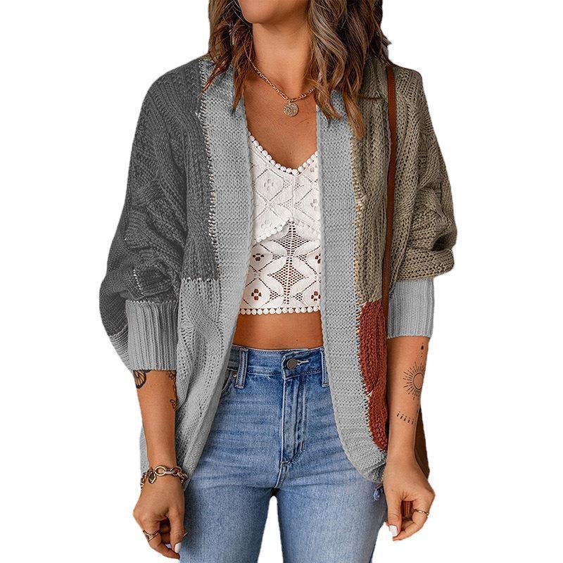 Womens Colorblock Knit Cardigan Sweater Winter Loose Fit Open Front Long Sleeve
