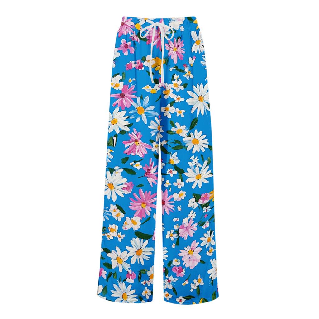 Women's Loose Casual Floral Print Wide Leg Pants With Elastic Waist Drawstring And Pocket Pants
