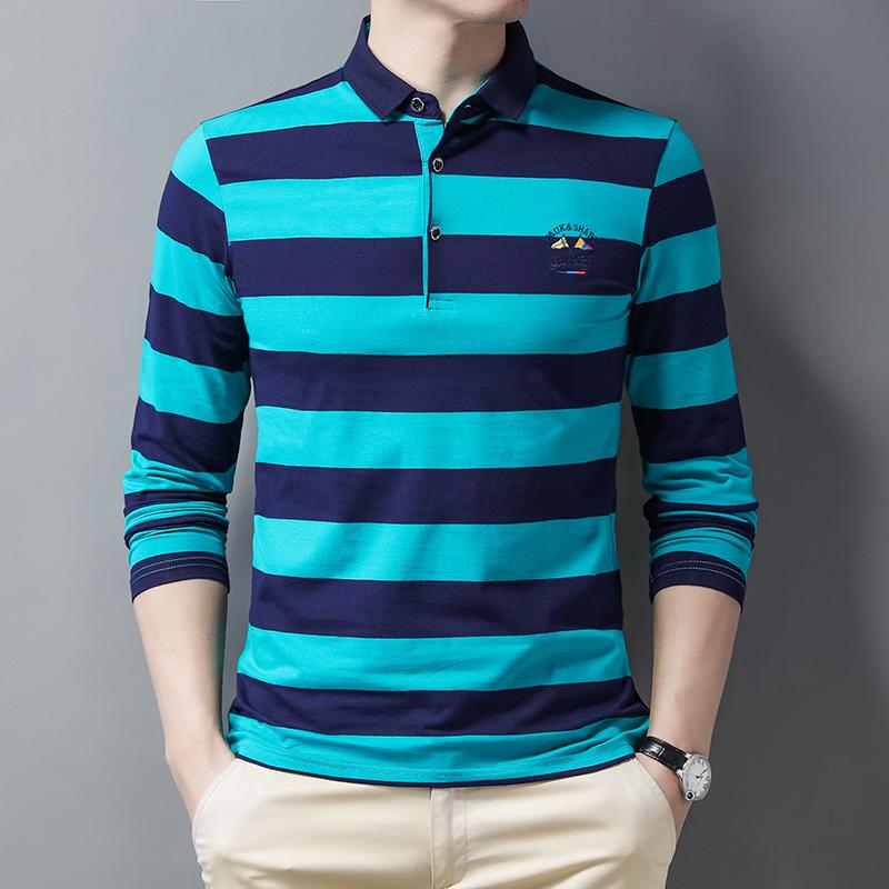Neues Sommerstreifen-Stickerei Herren Streetwear Polohemd Baumwolle Freizeit Oberteil Mode Street Langarm Herrenbekleidung