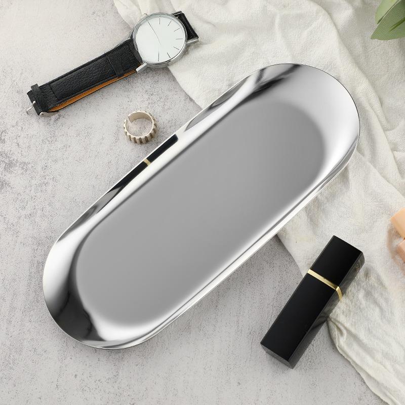 5 Stück Ins Style Hochästhetische Edelstahl Schmuckteller Kosmetik Metall Präsentierteller Ovalförmige Haushaltsaufbewahrungstabletts