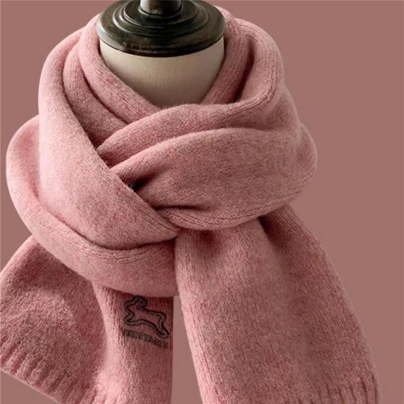 Autumn and Winter Retro Wool Student Scarf for Women Korean Embroidered Rabbit Warm and Versatile Knitted Scarf Solid Color Shawl