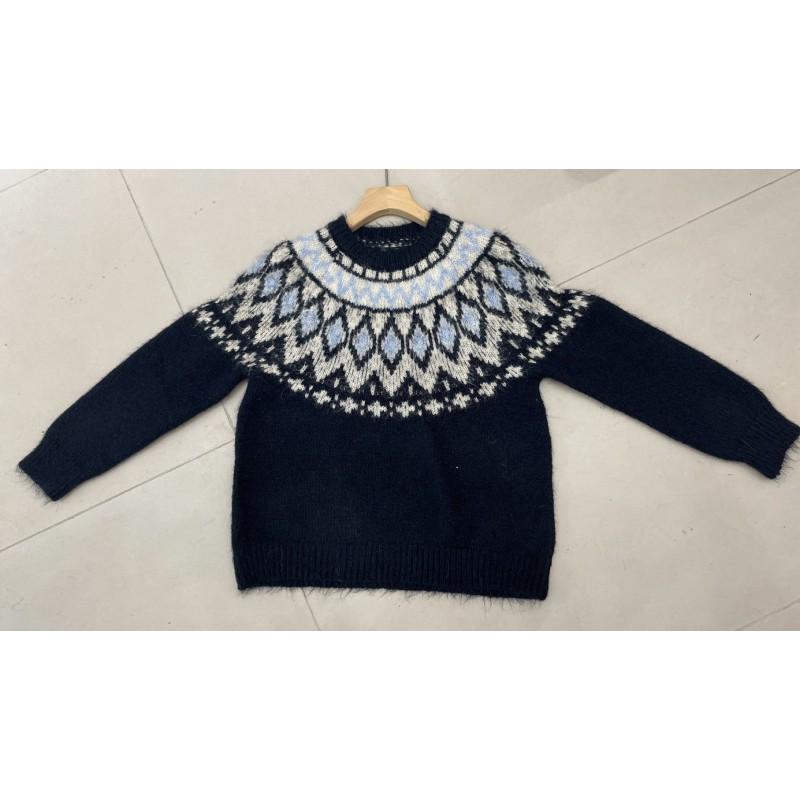 Womens Loose Fit Round Neck Fair Isle Knit Sweater Colorblock Pullover Fall Winter