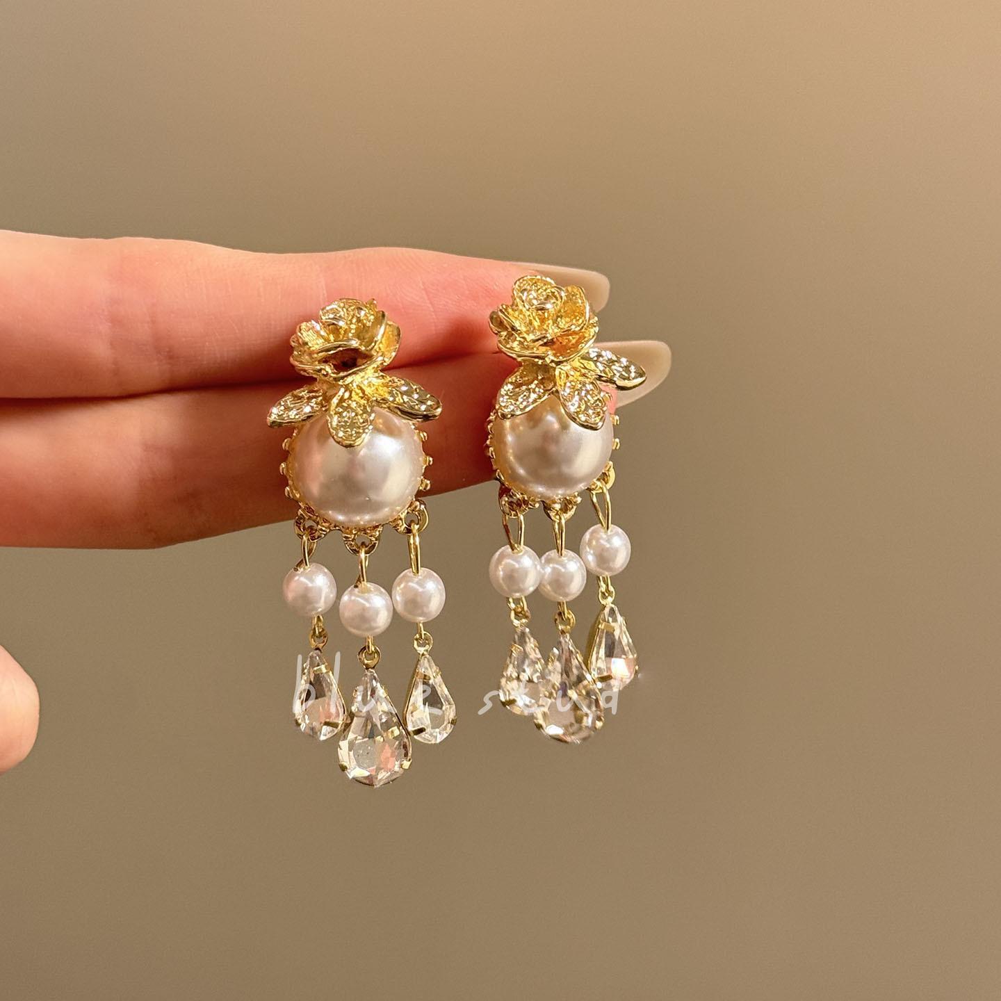 Silver Needle Diamond Pearl Flower Fringed Earrings French Elegant Fashion Temperament Earrings Light Luxury Premium Earrings Women