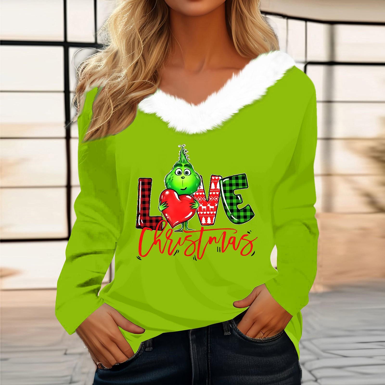 

Женская футболка, рождественская рубашка с длинным рукавом, вечерние, рождественский флисовый воротник, топ с v-образным вырезом S зелёный