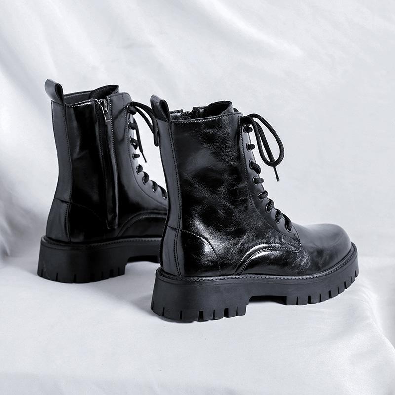 2025 new patent leather Martin boots men's autumn and winter zipper short boots glossy lace-up formal high-top men's shoes 2159-F