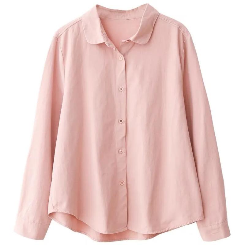 Women s Solid Color Linen Blend Shirt Casual Loose Fit Long Sleeve Button Down Blouse S розовый