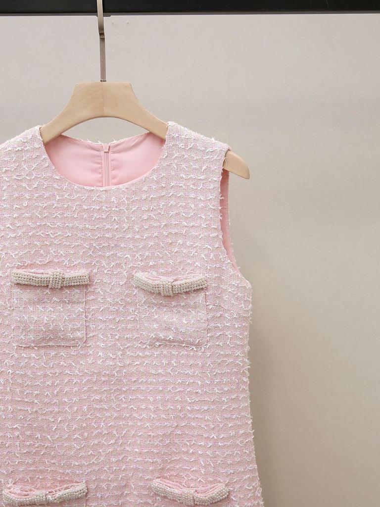 Jesienna sukienka kamizelka SP: Francuski Styl Słodki, Teksturowany, Kokardka Z Koralików, Z Kieszeniami