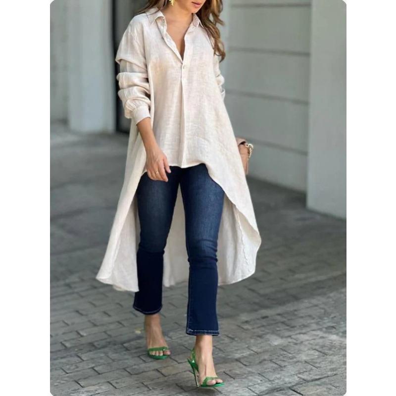 Autumn Women s Elegant Long Sleeved Fashionable Solid Color Loose Collared Shirt for Women S абрикосовый