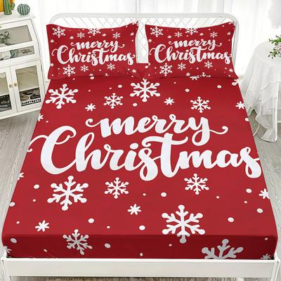 3pcs Merry Christmas Red Print Coreless Fitted Shee Set Multiple Size Soft Bedcover Bedroom Bedding Decorations Machine Washable