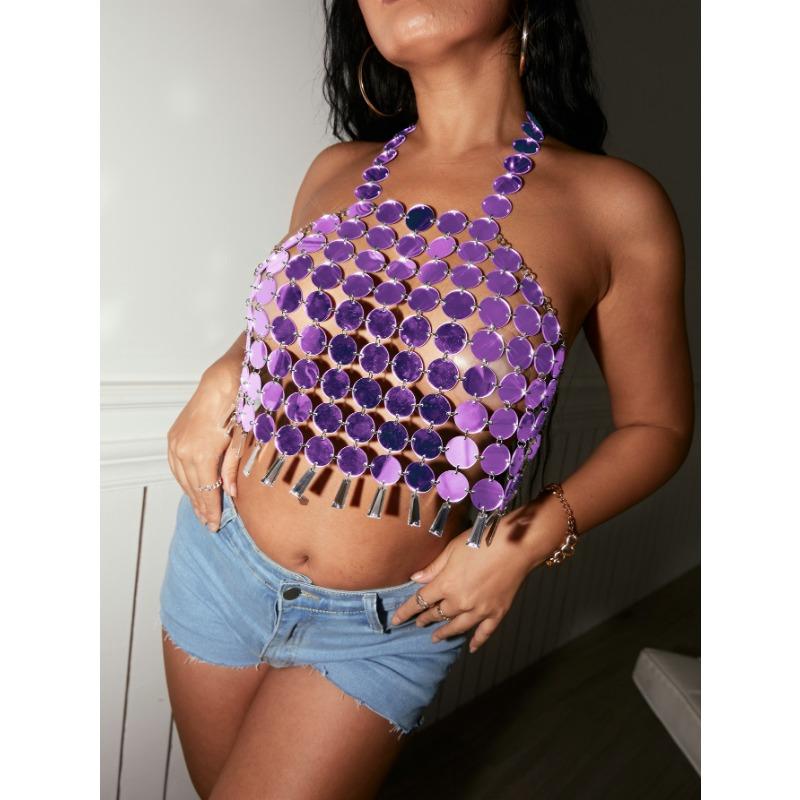 Purple Sequin Tassel Halter Crop Top OneSize фиолетовый
