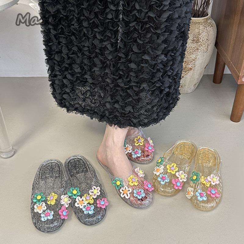 Fashion New Korean Fashion Women's Jelly Shoes with Flower Accessories Summer Footwear Ladies Flat Slippers Vocation Beach Slides Size36
