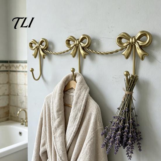 Metal Three Link Hook Iron Art Bow Triple Hook, Wall Mounted Decorative Hanger, French Gold Towel Rack Style Organizer for Entryway Bathroom