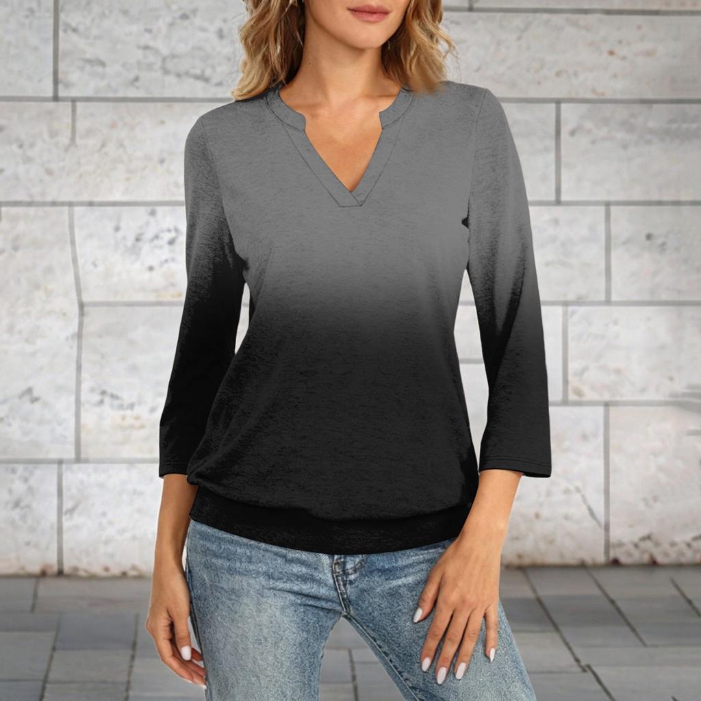 Damen 3/4 Ärmel Oberteil Saum V-Ausschnitt Sommer Lässig, Hemd Farbverlauf Bedrucktes Oberteil