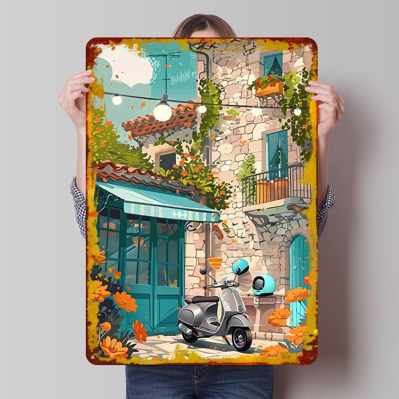 

Italian Scooter in Front of Caffee Tinplate Poster Customized Wall Art Vintage Retro Metal Signs for Home Decor Living Room Men 20x30cm（7.8x11.8inch）