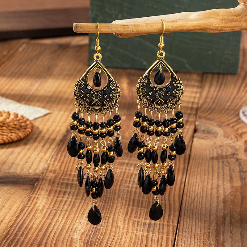 Bohemian Ethnic Style Earrings for Women Long Vintage Drop Glaze Rice Bead Water Drop Earrings Vacation Party Wedding Jewelry
