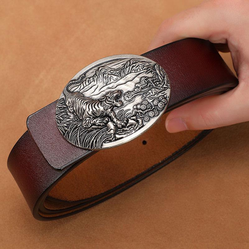 Men's Retro Genuine Cowhide Leather Belt with Smooth Buckle - Extended Large Size for Trendy and Plus-Size Fashion