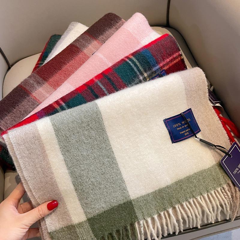 New green plaid pure wool scarf men's and women's winter versatile thickened cashmere scarf