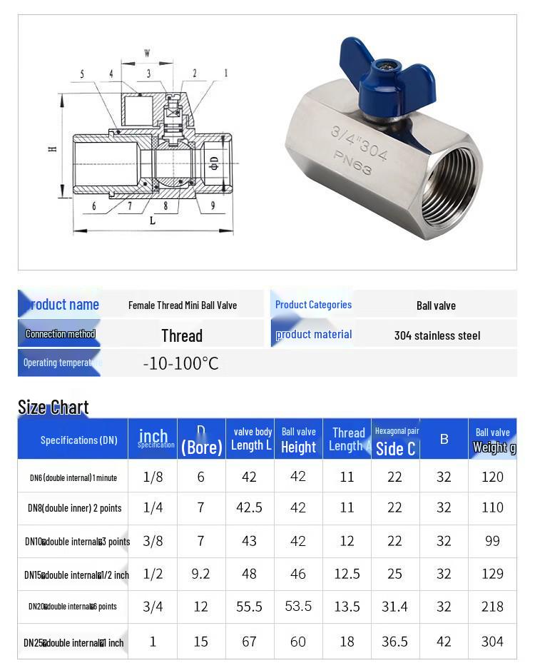 304 Stainless Steel Mini Ball Valve, Butterfly Handle, Dual Internal Thread, Explosion-Proof, Steam-Compatible