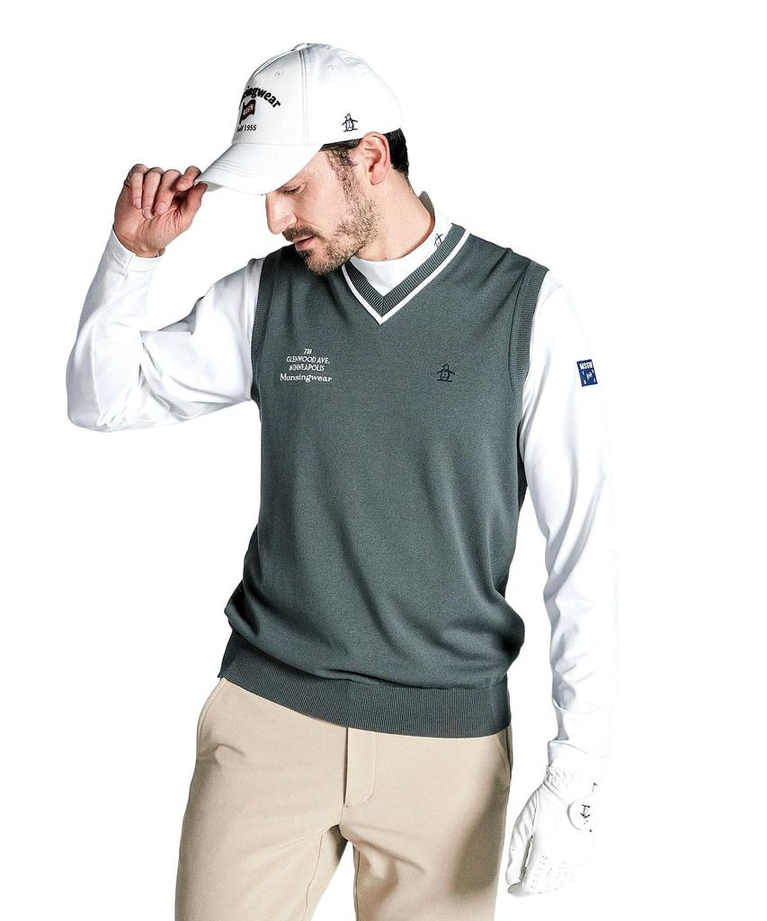 Pletená vesta jednoduchá základní bez rukávů, pratelná v ruce, golfová MGMXJL82 GY00 [Munsingwear] Pánská s výstřihem do V (Šedá)
