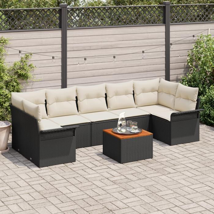 VidaXL Ensemble de Canapés de Jardin 8 Pièces avec Coussins Noir Poly Rattan Acacia 3347292