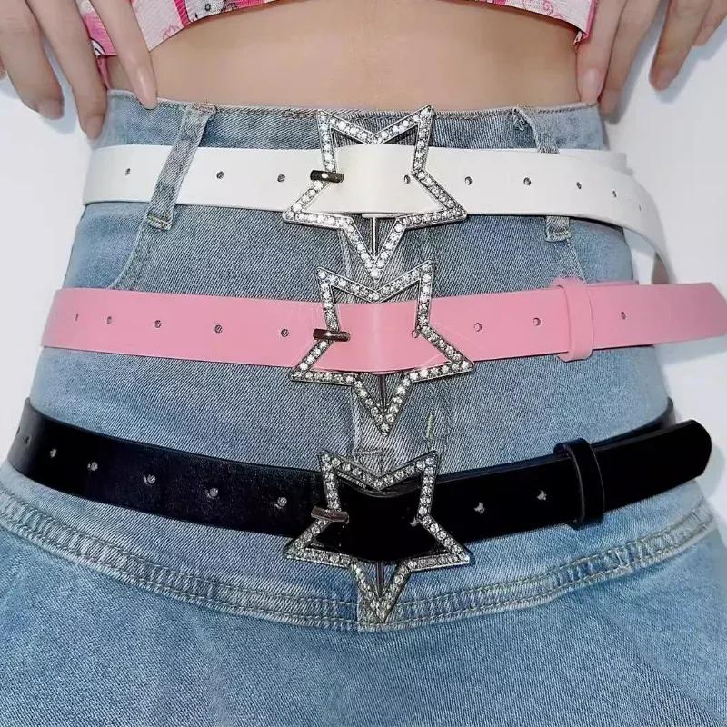 Y2K Pembe Yıldız Tokalı Kemer Kadın Y2K Esnek Bağlamalı PU Deri Bel Kuşağı Parlak Zirkon Retro Tam Taşlı Gelin Dekorasyonu Hediye