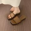 Mesh Hollow Mesh Flip-flops Women's Summer New Square Toe Open Toe Casual Wear Soft Sole Mid-heel Sandals and Slippers