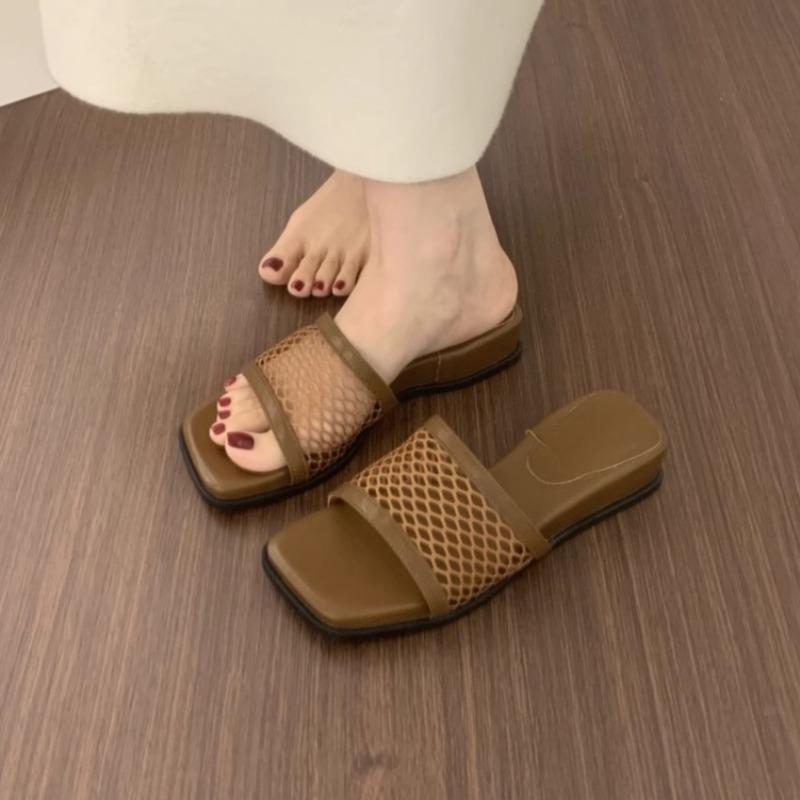 Mesh Hollow Mesh Flip-flops Women's Summer New Square Toe Open Toe Casual Wear Soft Sole Mid-heel Sandals and Slippers