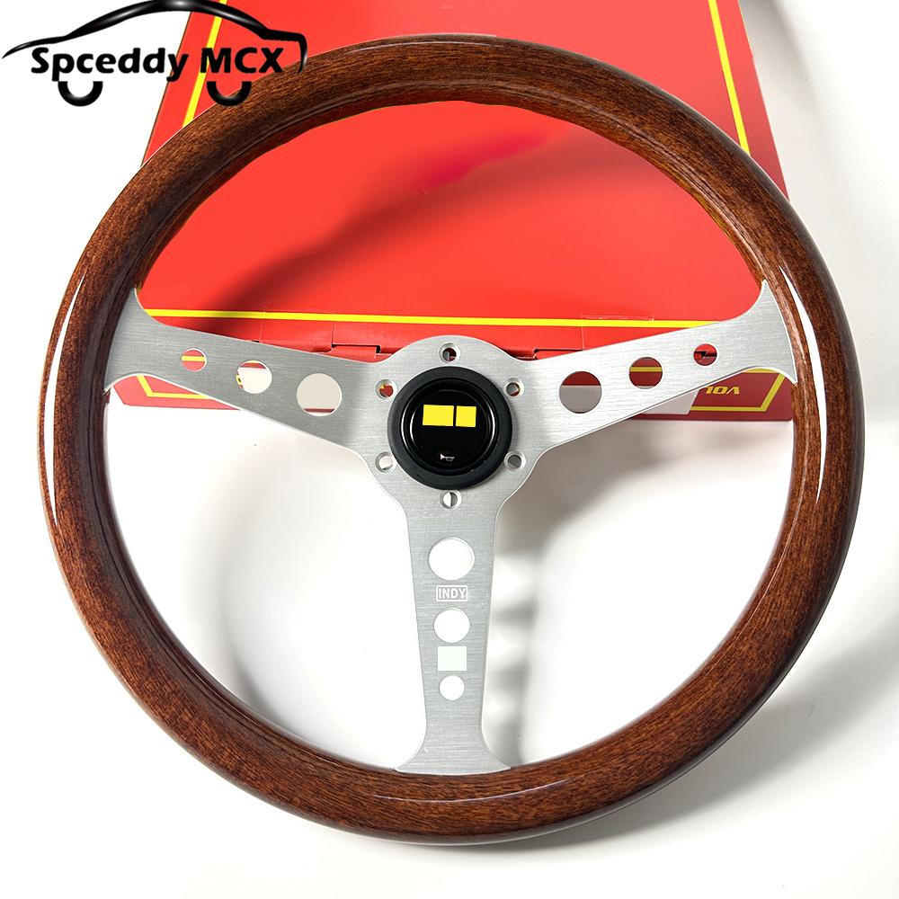 INDY Classic Wood Style Woodgrain Mid-Deep 14inch 358mm Heritage Car Sport Steering Wheel Silver Spoke