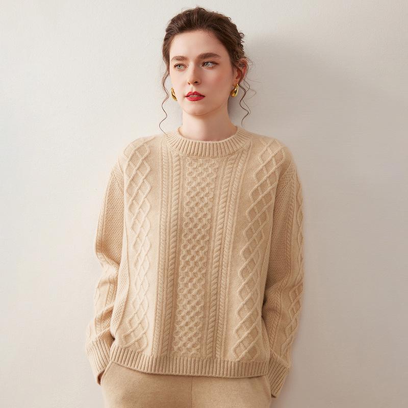 Women's Loose Fit Round Neck Cashmere Sweater: Thick Warm Cable Knit Pullover, Pure Color Korean Style.