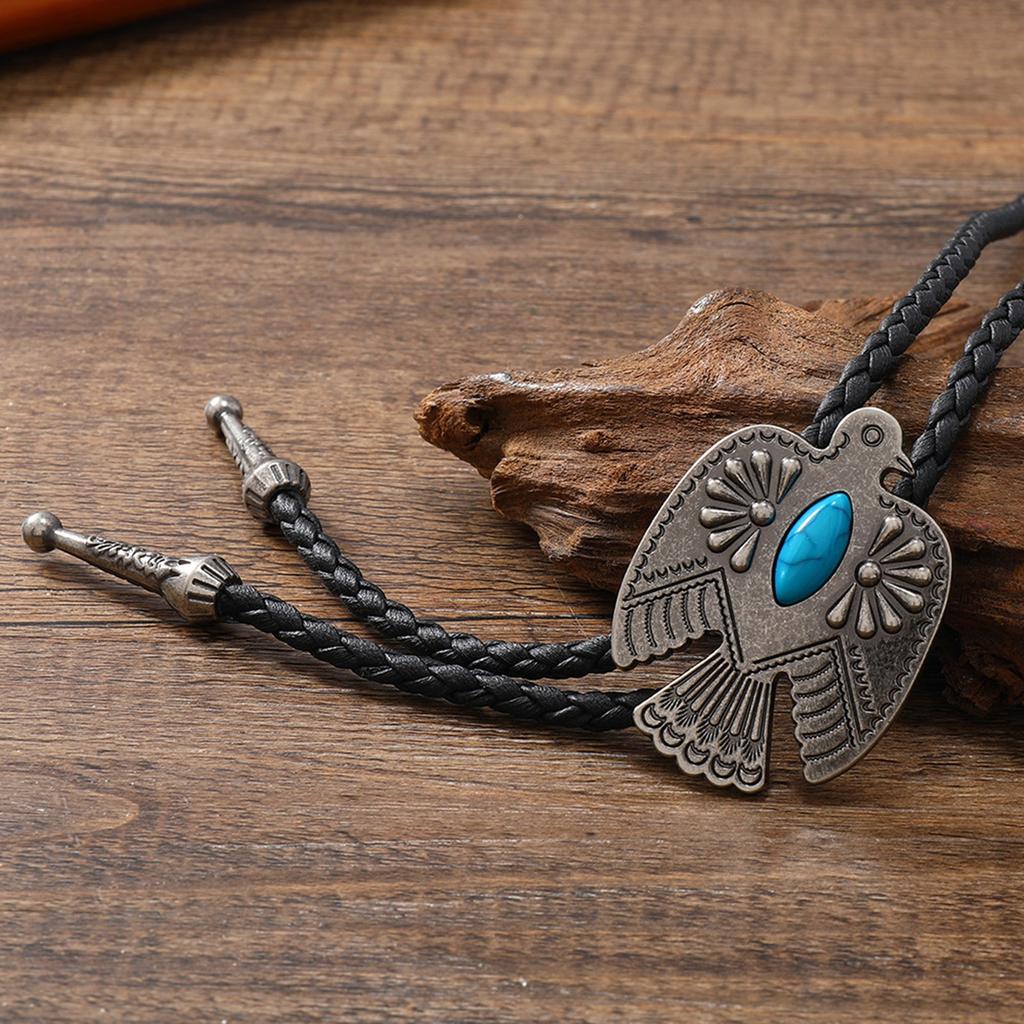 Vintage Metal Eagle Bird Stone Cowboy Hat Bolo Tie Western Punk Faux Leather Rope Necktie Jewelry Shirt Chain Necklace