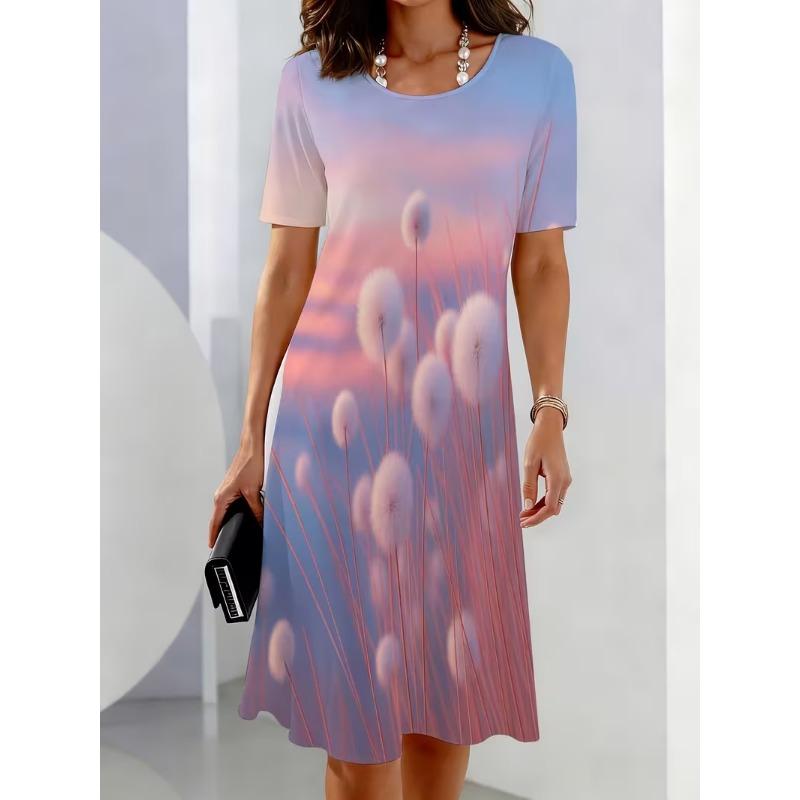 Damen Boho Blumen 3D-Druck A-Linien-Kleid mit kurzen Ärmeln Lebendiges mehrfarbiges Blumenmuster Damenbekleidung Freizeitkleid