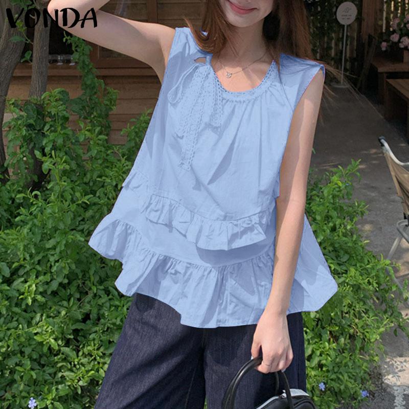 VONDA Women Sleeveless Crochet Tank Tops Casual Ruffled Patchwork Lace Hem Tops